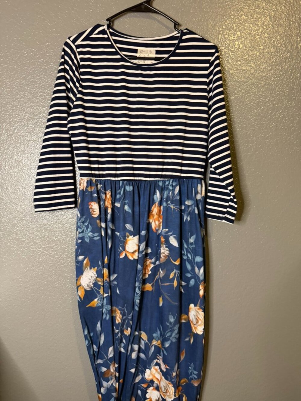 Womens Navy Blue White Striped Floral Maxi Dress 3/4 Sleeve Boho Casual